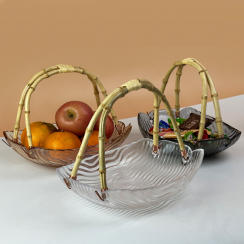 8 Pks Glacier Stripe Glass Basket Fruit Plate With Wooden Handrails