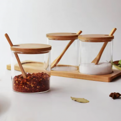 5 Pks 3 Pieces Eco Friendly Spice Clear Glass Storage Jar Set With Bamboo Spoon And Lid